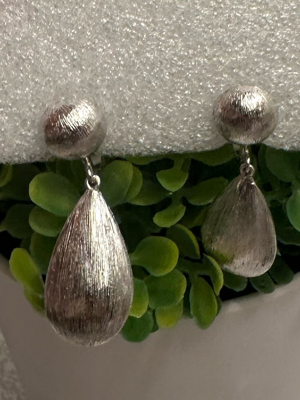 Trifari Brushed Silver Teardrop Clip-On Earrings